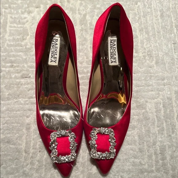 Badgley Mischka Red Satin Heels with Crystal Buckle - Picture 1 of 10